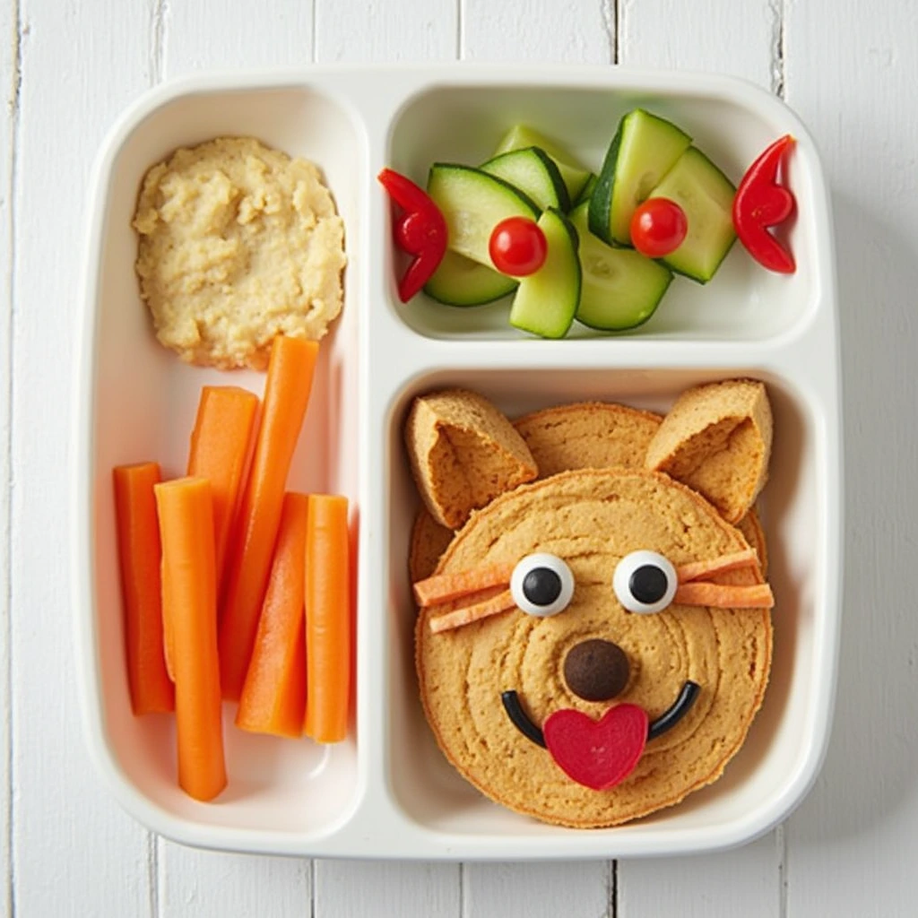 Animal faces with fresh veggies and creamy hummus dips