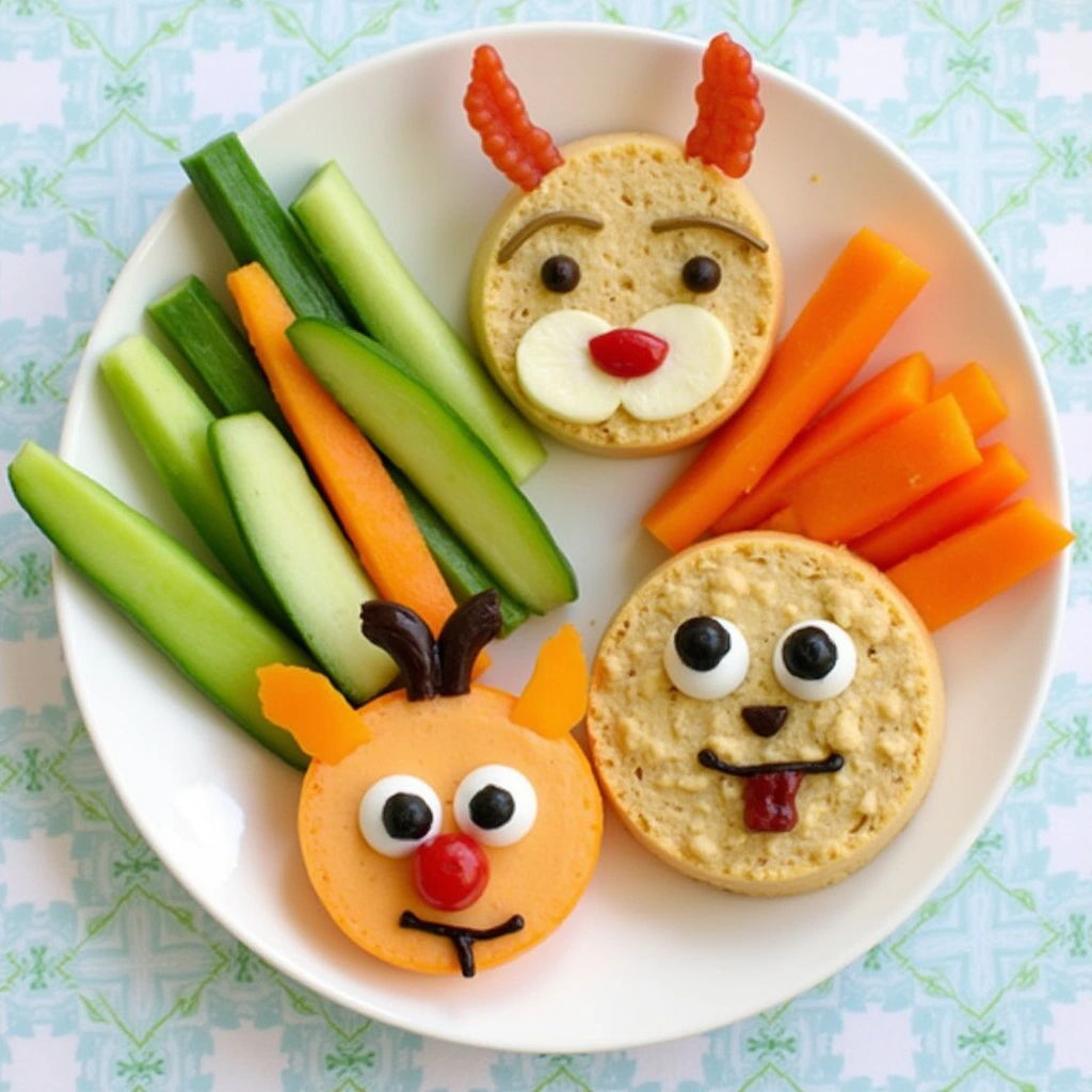 Animal faces with fresh veggies and creamy hummus dips