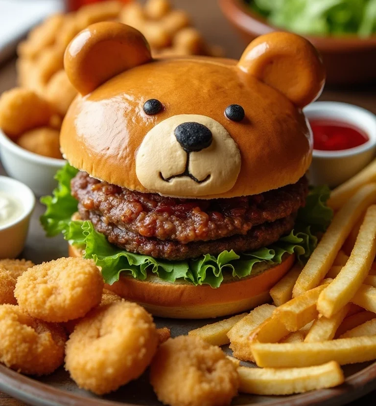 Bear-Themed Burger Meal with Shaped Nuggets and Sides