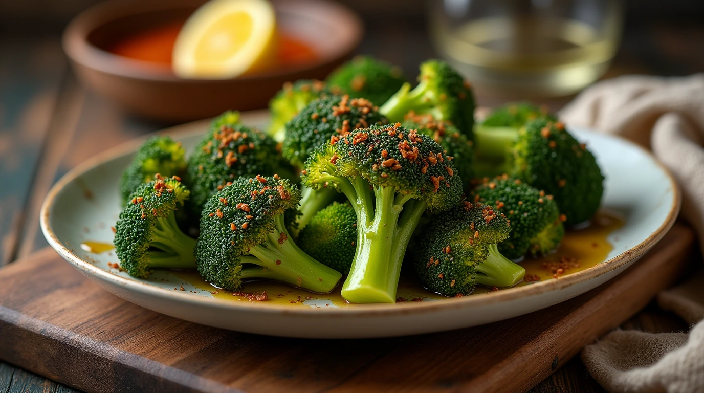 Adish of broccoli roasted in the oven with a touch of olive oil and spices like smoked paprika or cumin,