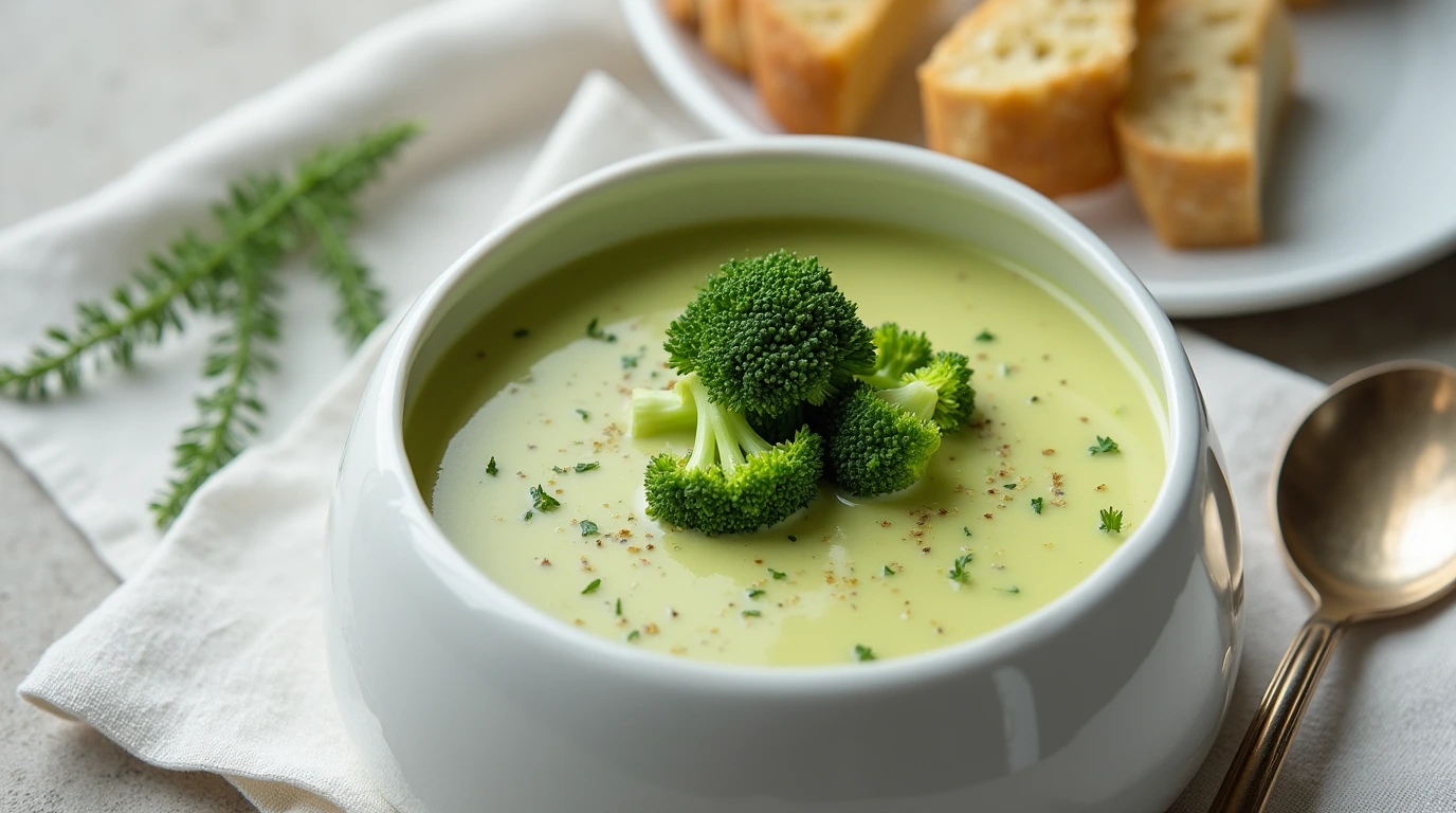 Broccoli cream soup dish, in a designer acciete