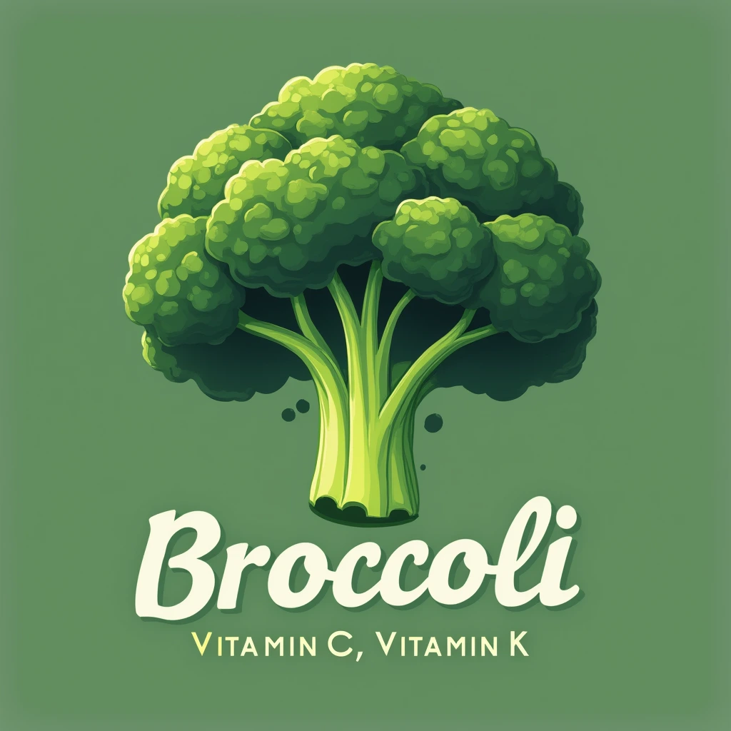 a logo single Broccoli with written on it Vitamin C, Vitamin K