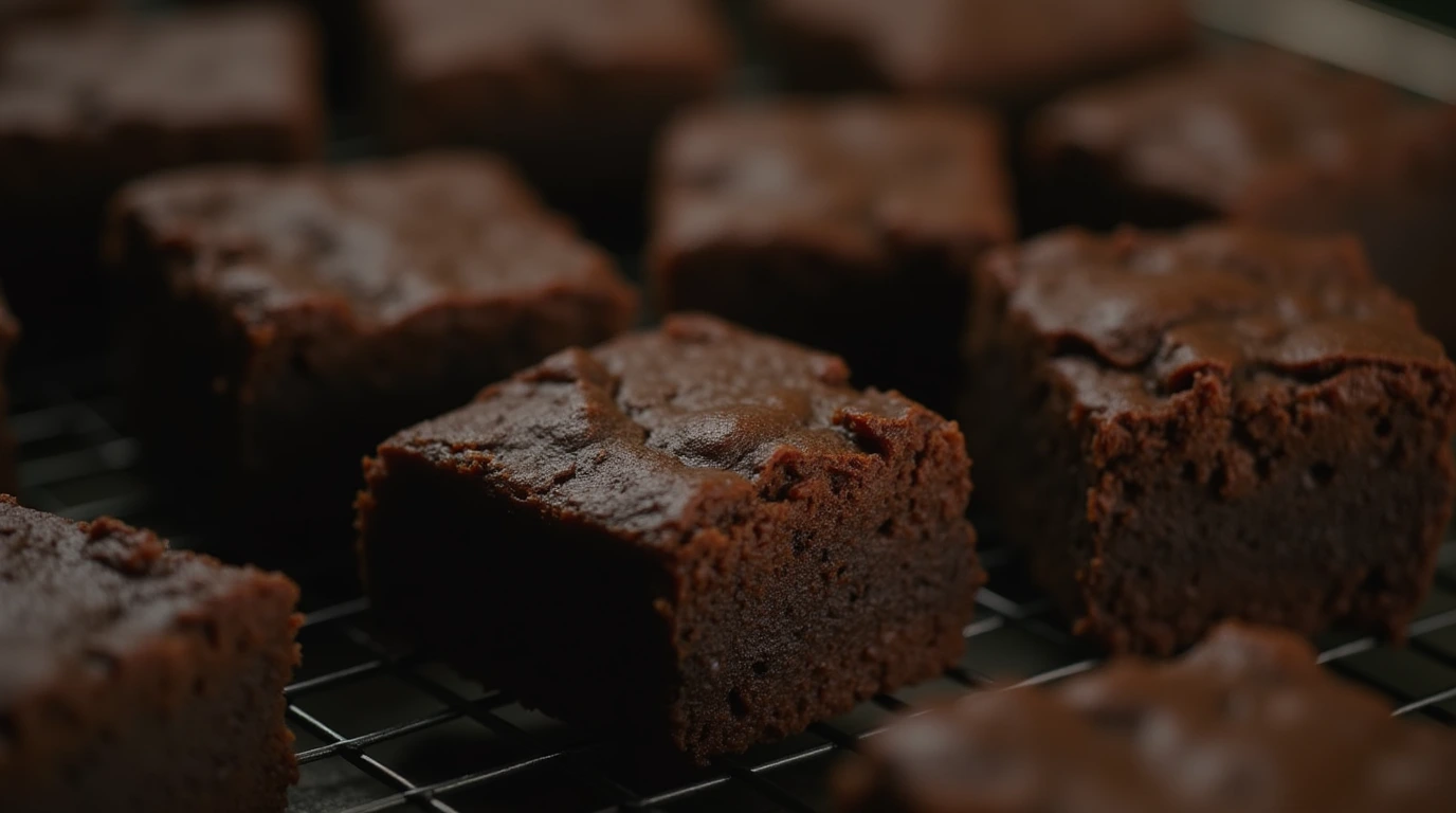 Chocolate brownies cooling on a wire rack.