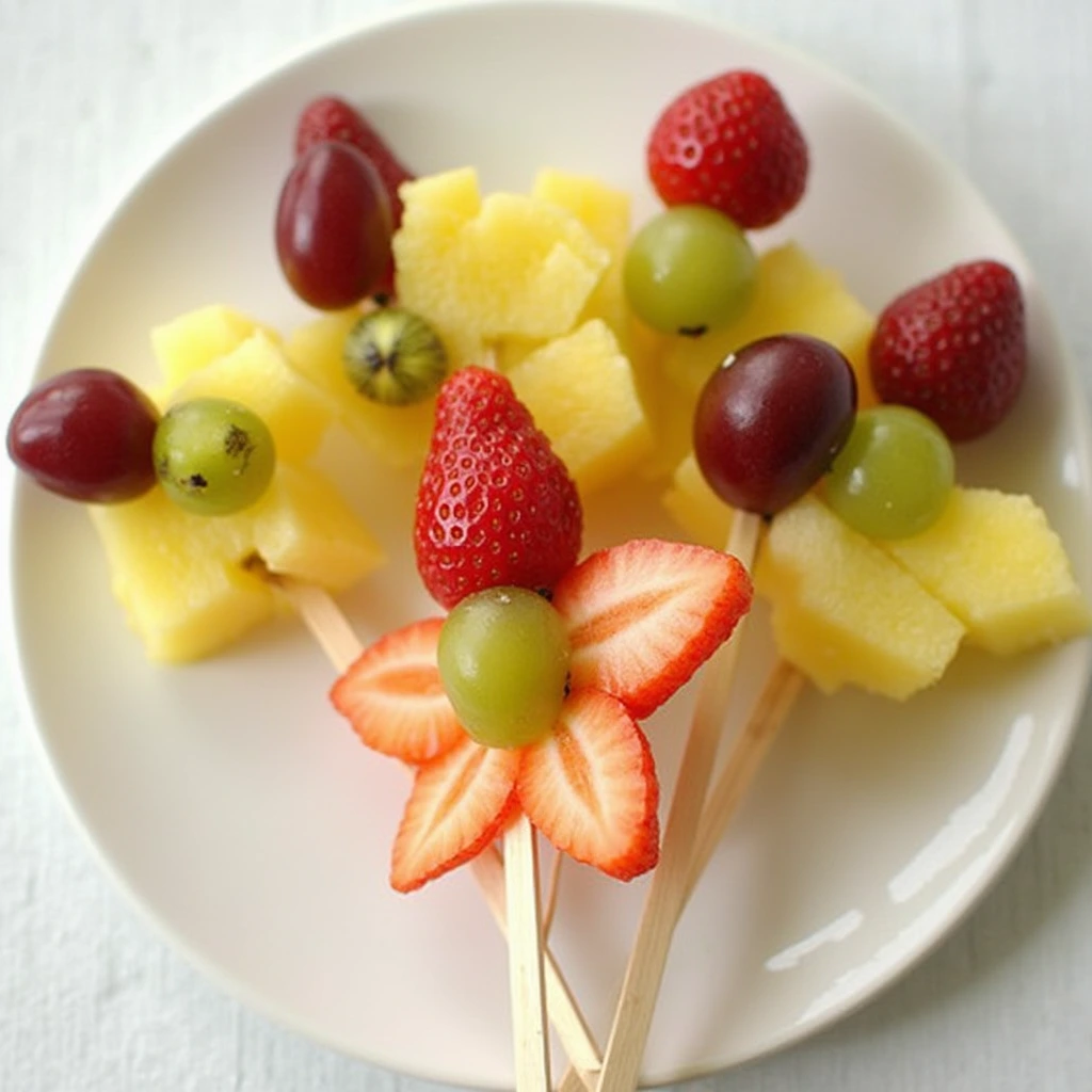 Flower-Shaped Fruit Skewers with Strawberries, Pineapple, Kiwi, and Grapes