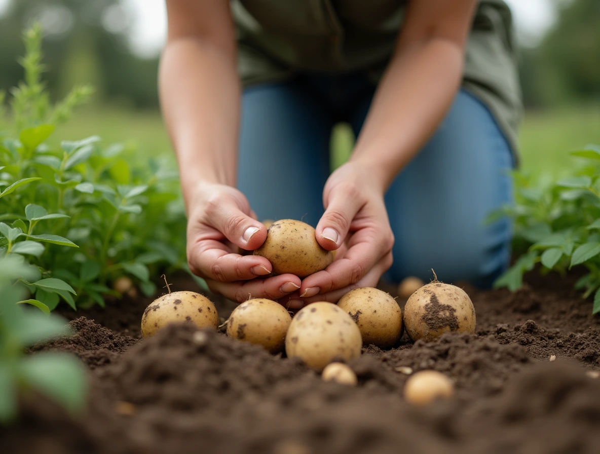 Woman picking potatoes in her garden