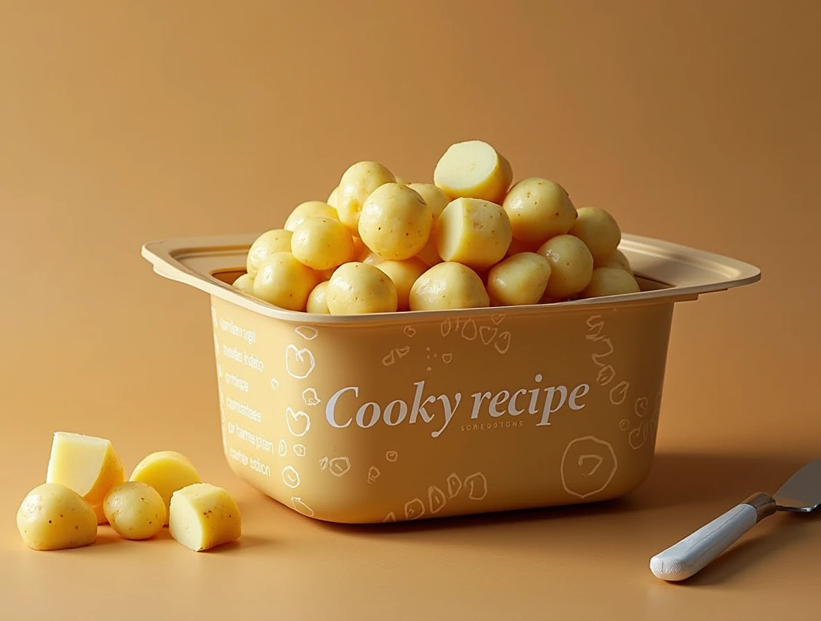 The Potato : Potatoes cut into small pieces in a large designer container with designer text Cookyrecipe