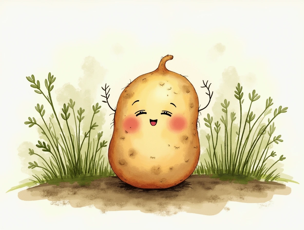 Watercolor paper of a smiling potato in the garden.