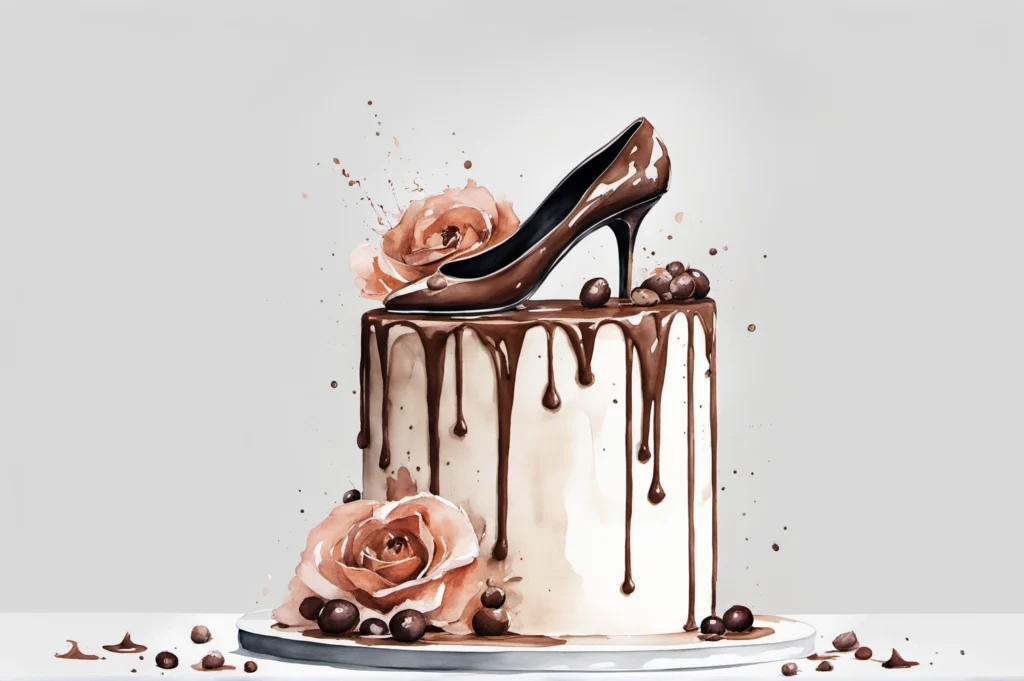 Watercolor painting of a cake with a chocolate shoe and dripping chocolate