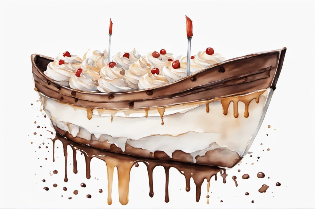 Watercolor of a boat cake with caramel drizzle