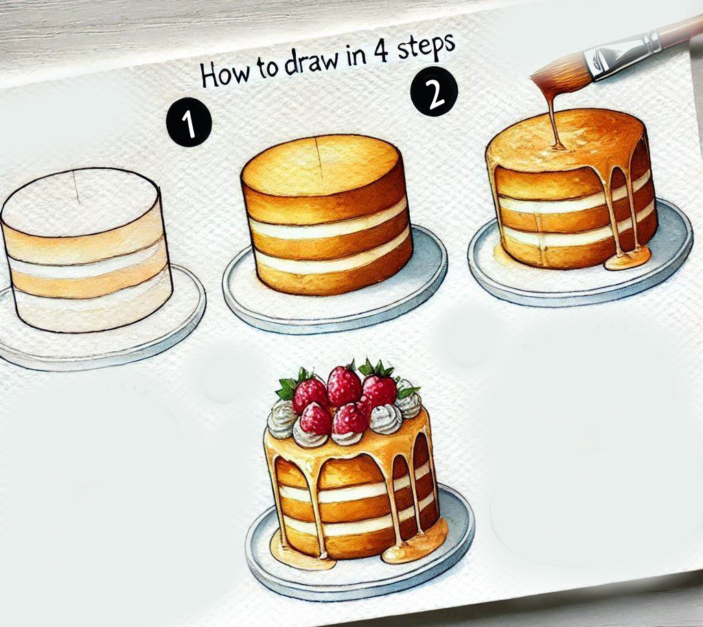 Sketch for Cake Creation in 4 steps