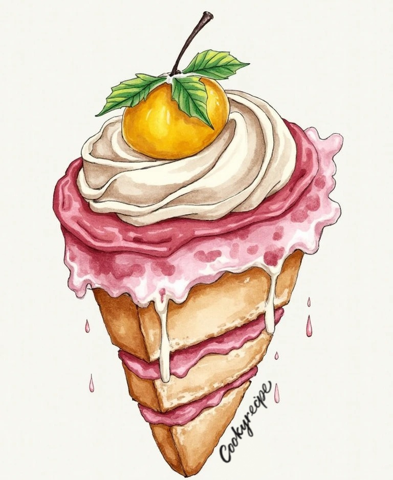 Illustration of a cake shaped like an ice cream cone with whipped cream, red fruit sauce, and a yellow fruit on top.