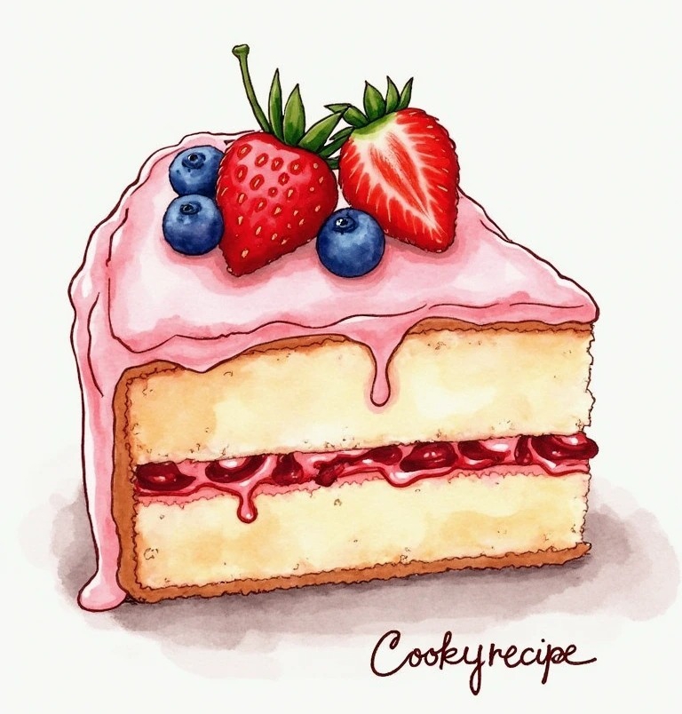 Sketch for Cake ,Watercolor drawing of a slice of vanilla cake with pink frosting, topped with strawberries and blueberries.