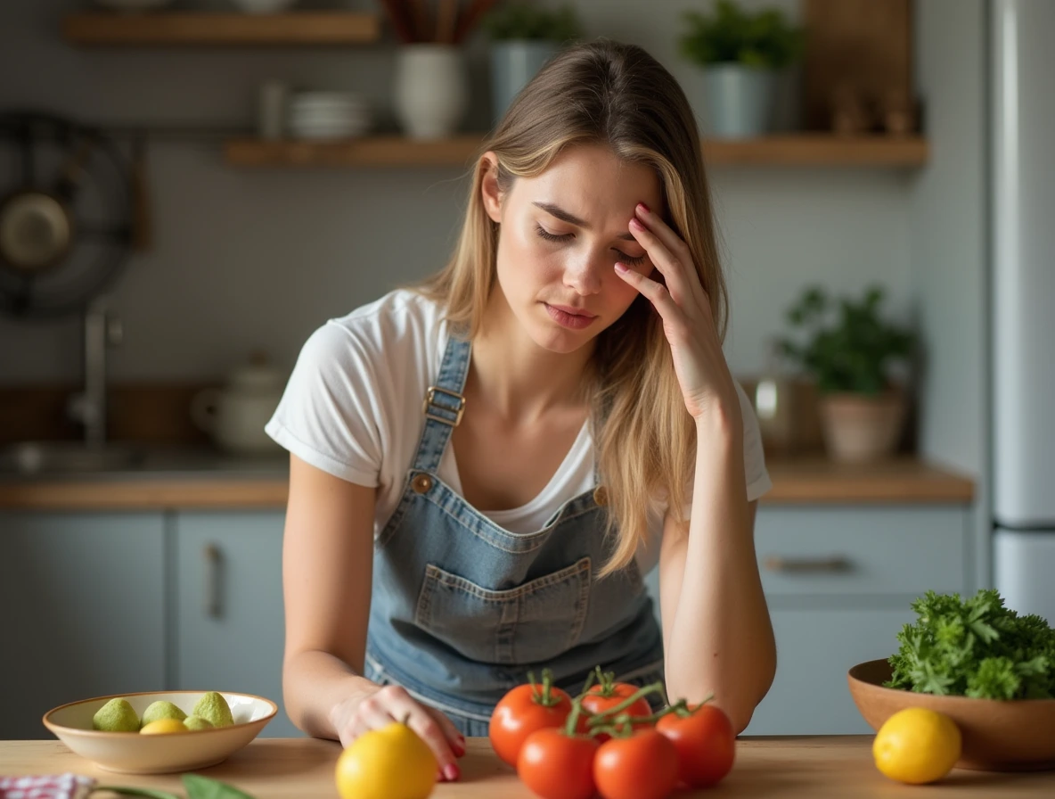 a frustrated woman in the kitchen doesn't know what to prepare