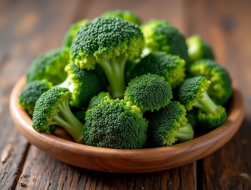 A wooden plate filled with fresh and delicious broccoli, Broccoli is a rich source of antioxidants