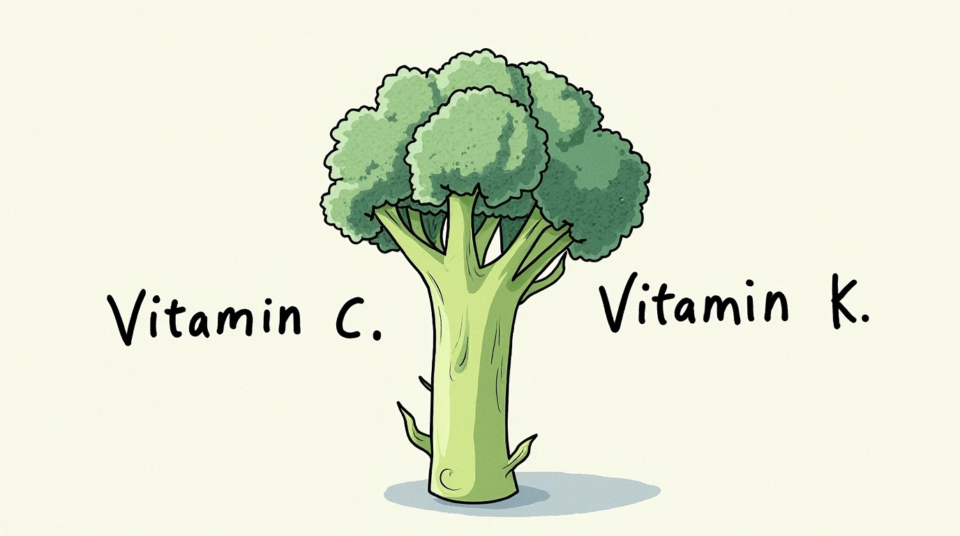 Single Broccoli with written on it Vitamin C, Vitamin K, Broccoli is a rich source of antioxidants