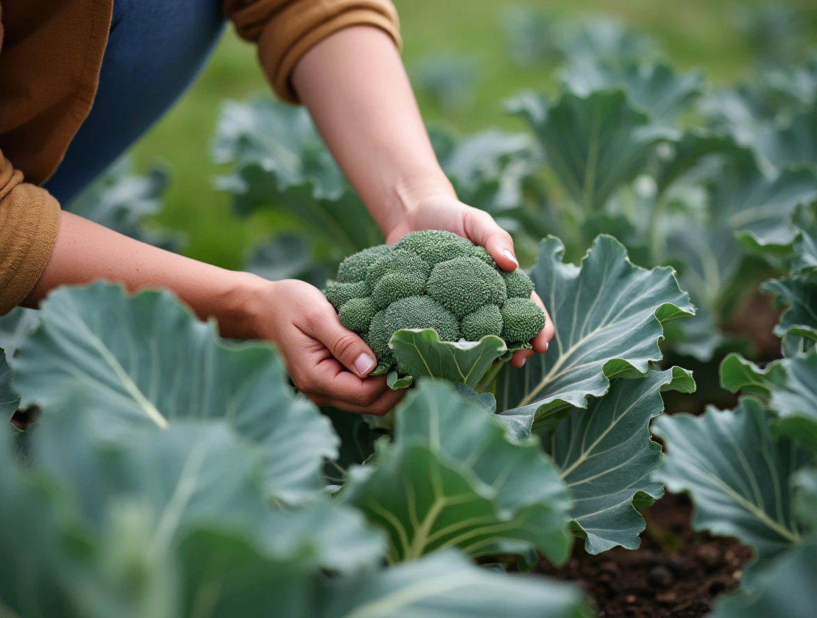 Woman picking broccoli from garden 