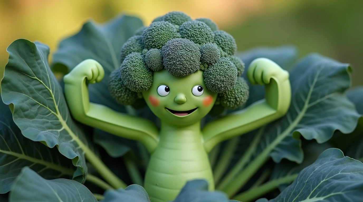 A smiling broccoli showing off its muscles in the garden