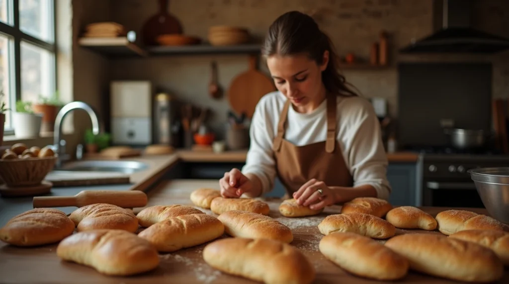 Homemade Panini Bread, A woman in an apron bakes bread in a rustic kitchen.