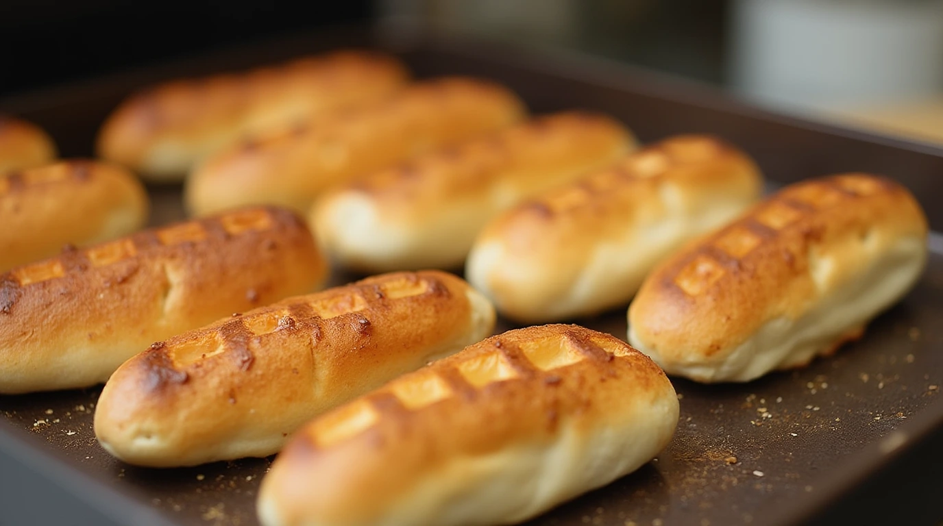 Freshly baked bread rolls with golden-brown crusts on a baking tray.