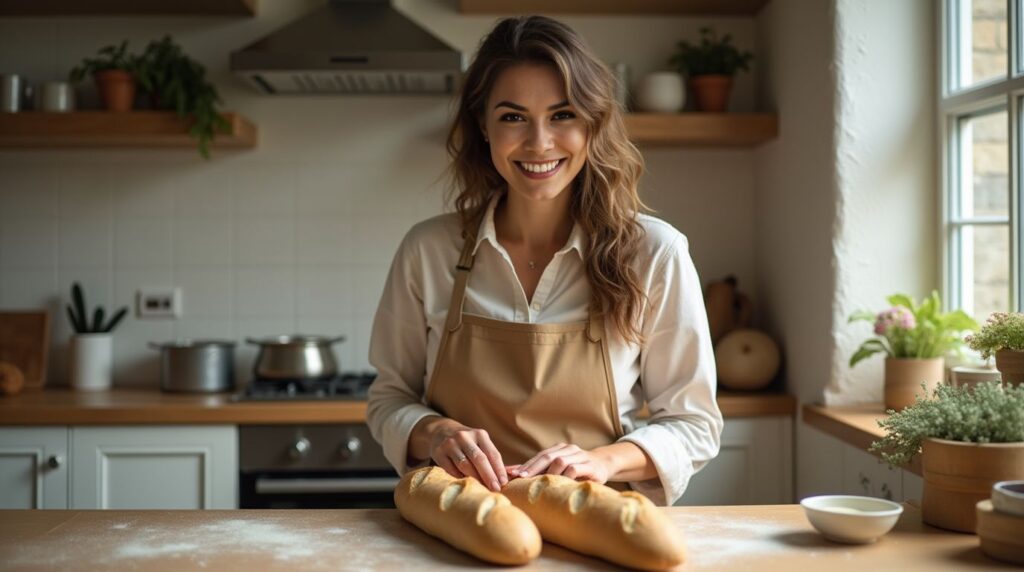 A woman prepares Parisian baguettes