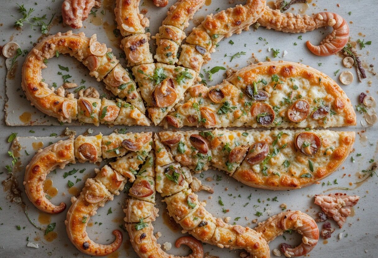 a large seafood pizza, cut in the shape of an octopus