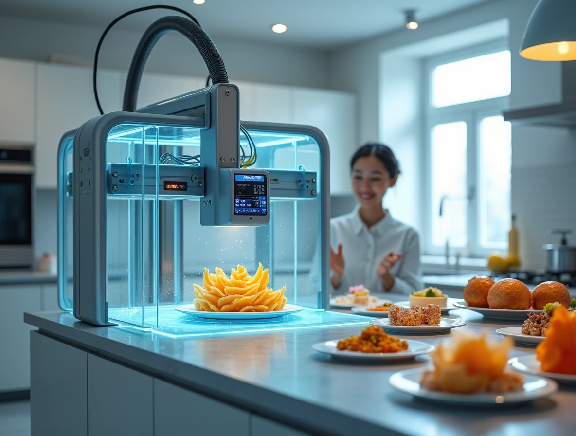 Predictions for Cooking in 2025, a futuristic kitchen where 3D-printed foods are being prepared