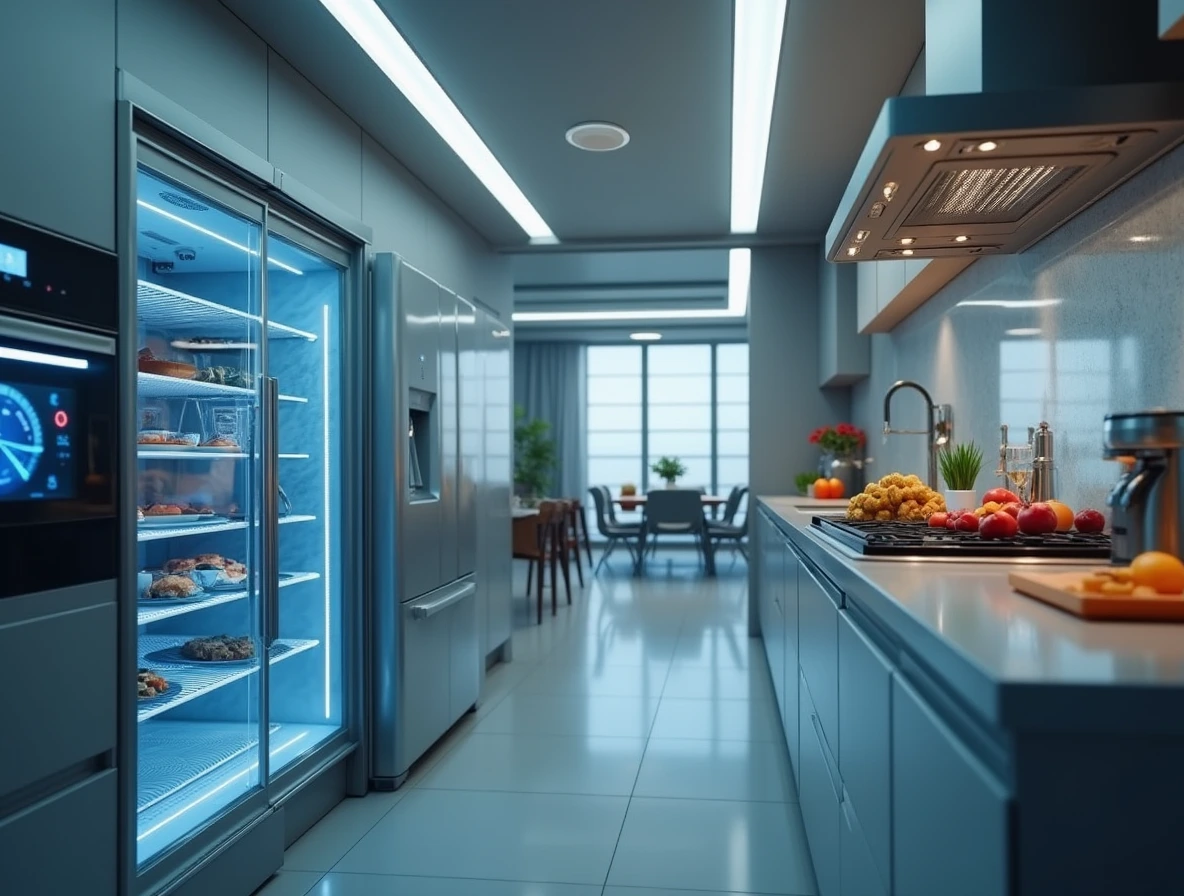 Predictions for Cooking in 2025, a highly synchronized, futuristic kitchen where all devices communicate seamlessly.