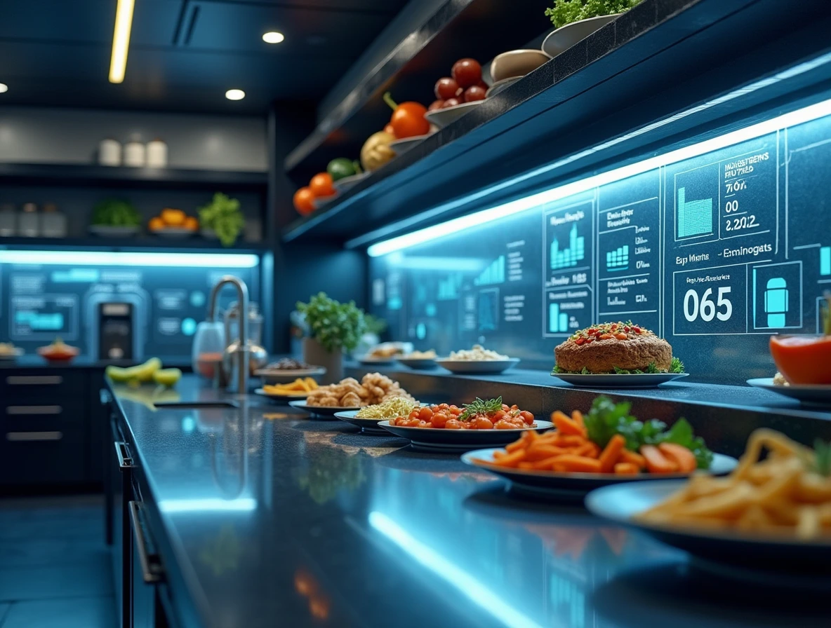 Predictions for Cooking in 2025, a high-tech kitchen where advanced algorithms are working to create personalized meal plans.