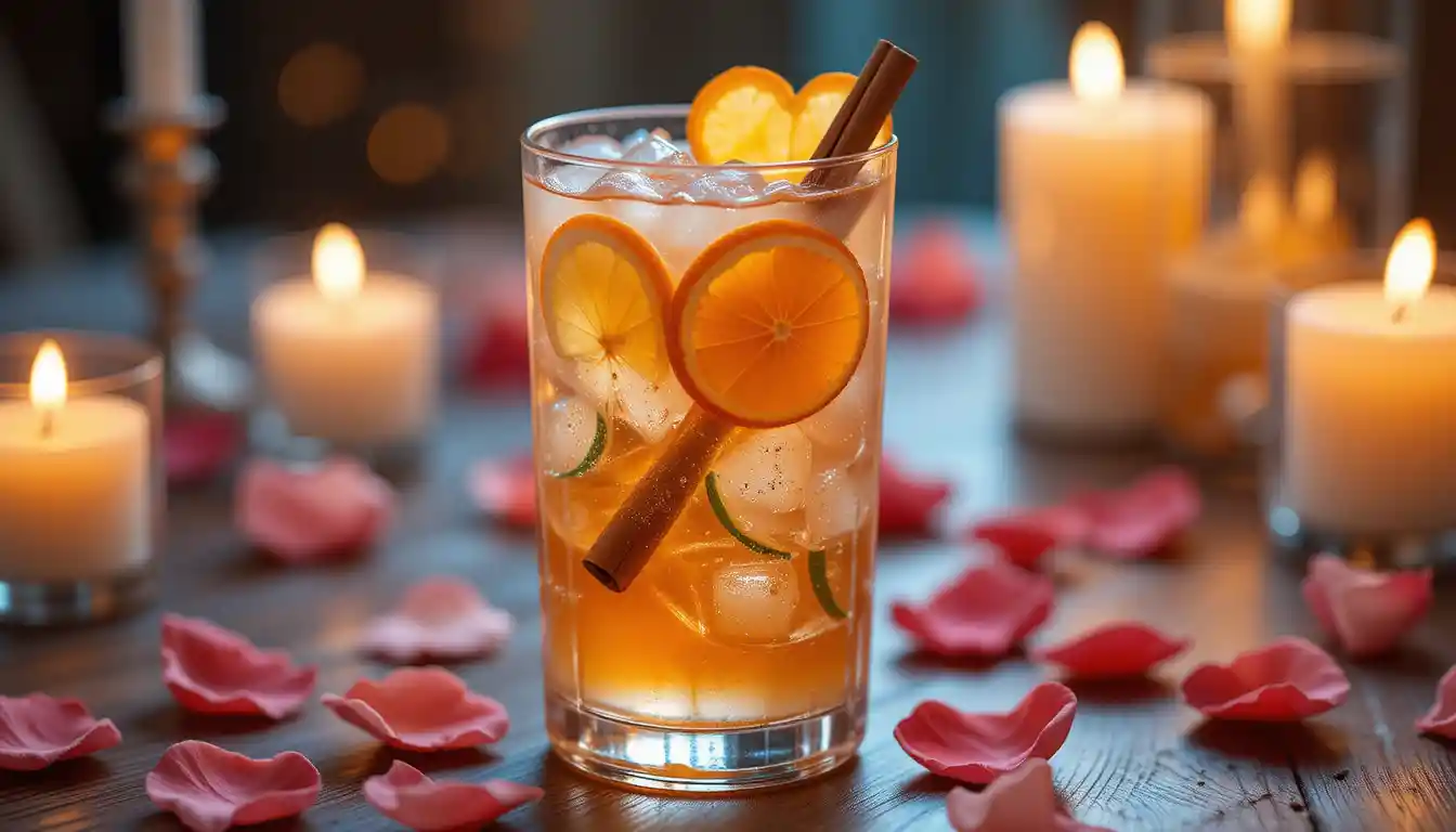 Valentine's Day Dinner, Iced citrus and cinnamon infusion served in a large clear glass