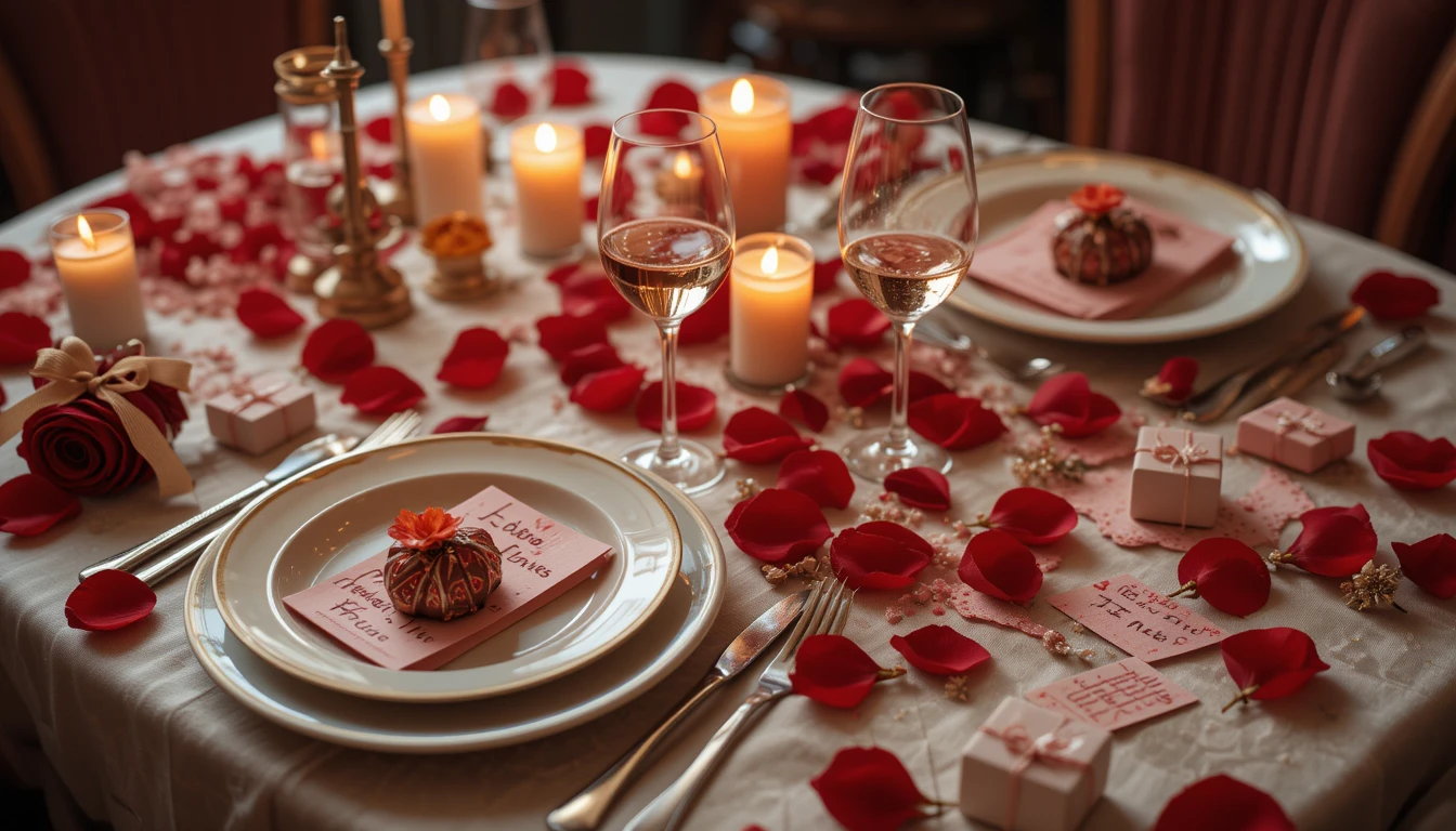 Valentine's Day Dinner, Small handwritten love notes are folded neatly and placed near each plate