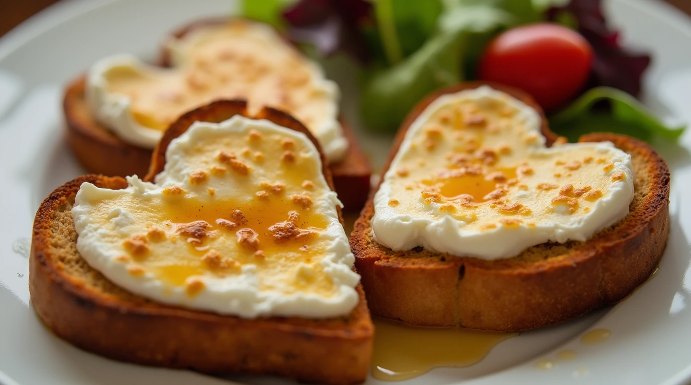 Valentine's Day Dinner, Warm Goat Cheese Salad on Heart-Shaped Toast