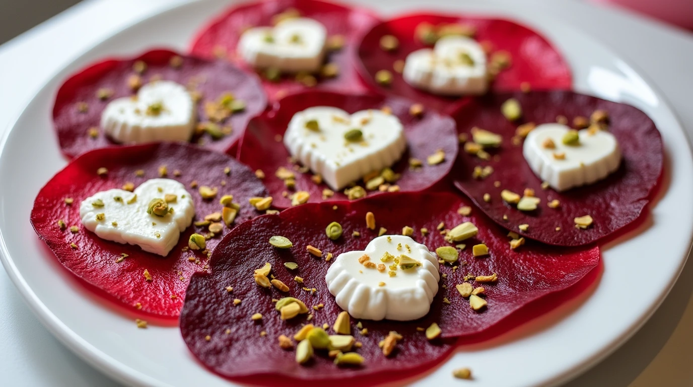 Valentine's Day Dinner, Beet Carpaccio with Cream Cheese Hearts