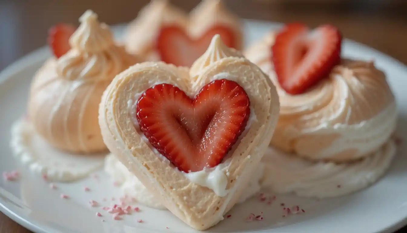 Valentine's Day Dinner, Heart-Shaped Meringues with Chantilly and Strawberries