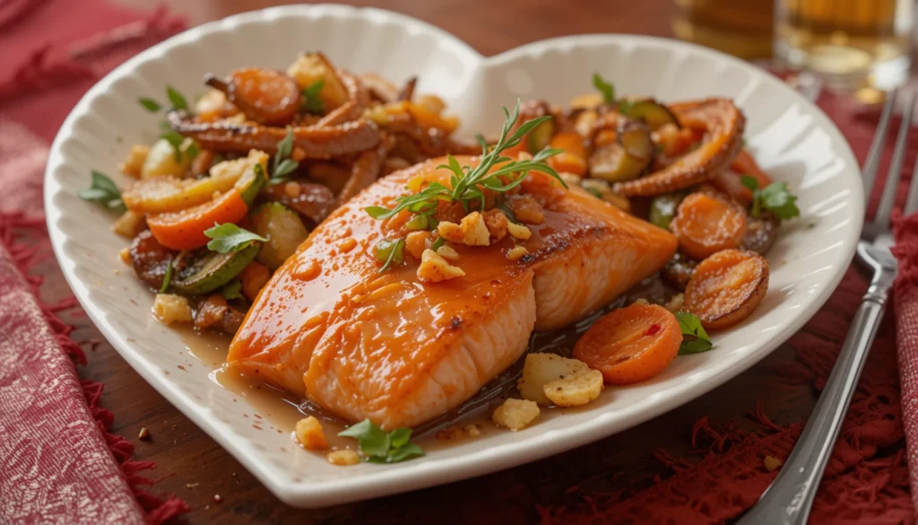 Valentine's Day Dinner, Honey Glazed Salmon with Crunchy Vegetables