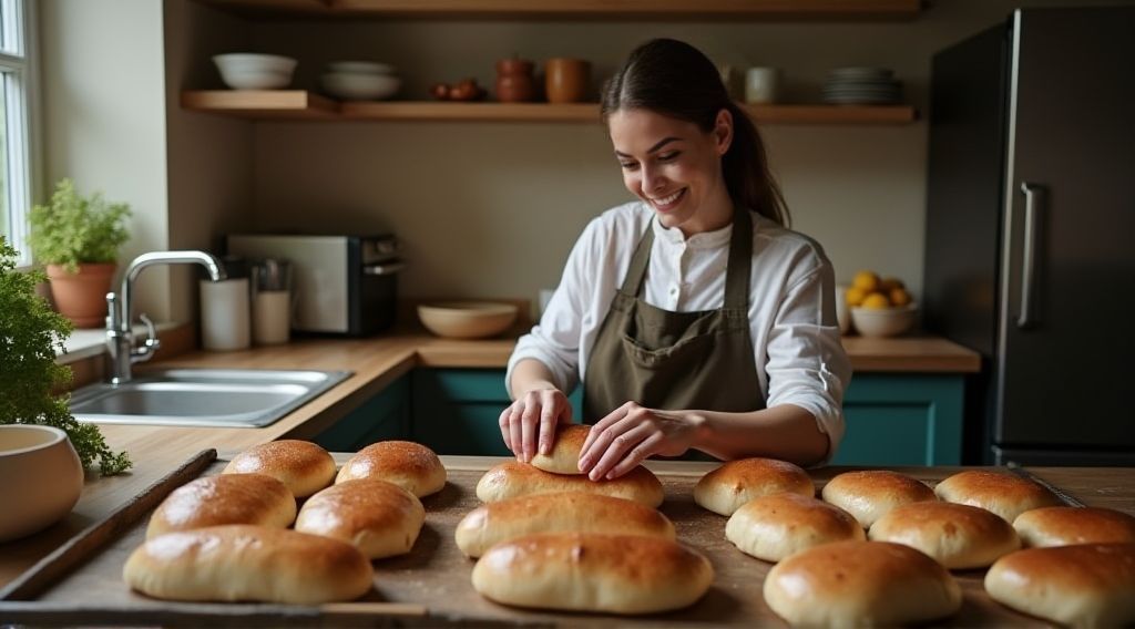 Homemade Panini Bread, A woman in an apron bakes bread in a rustic kitchen.