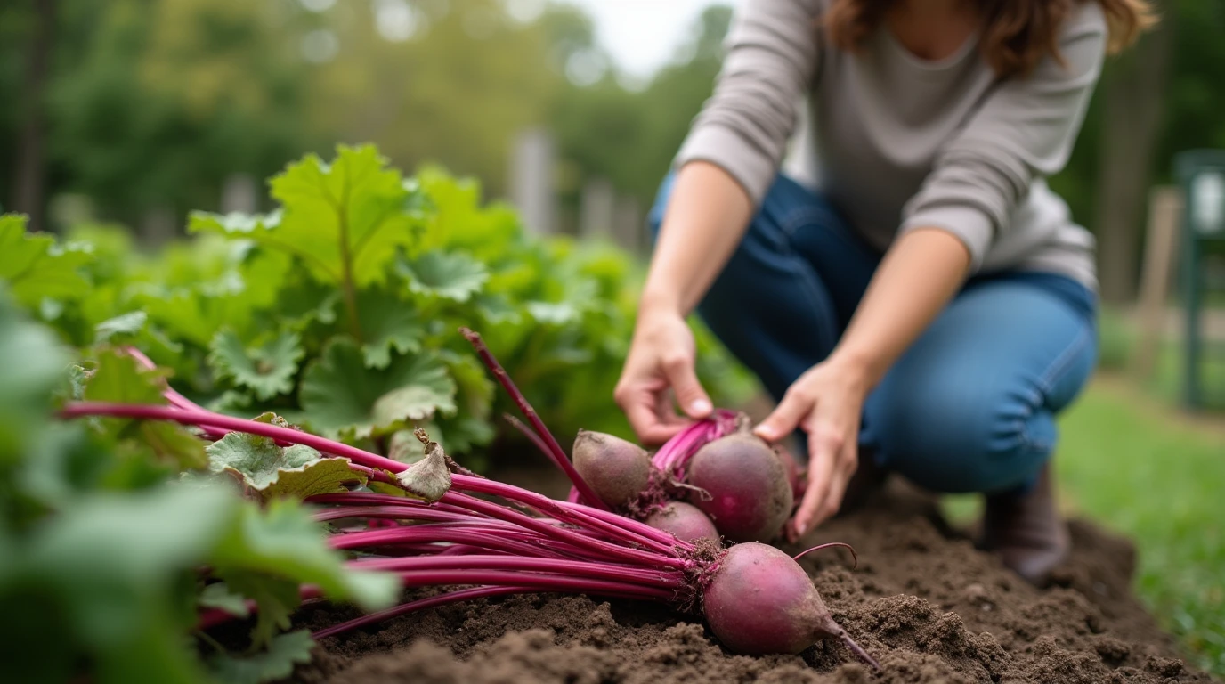 The Beets: A woman harvesting beetroots in a garden.