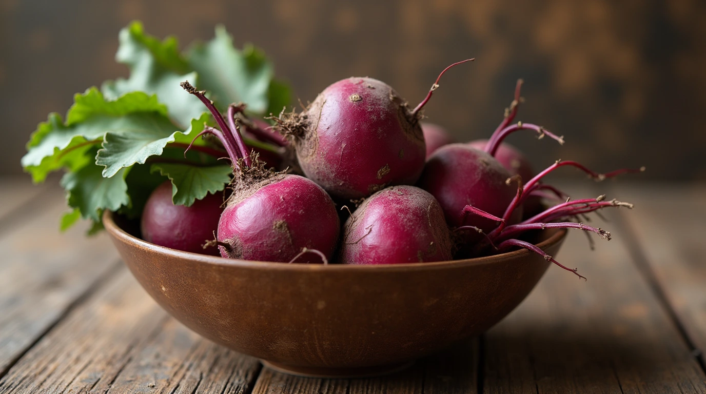 The Beets : A wooden bowl of fresh beetroots with green leaves on a rustic table.