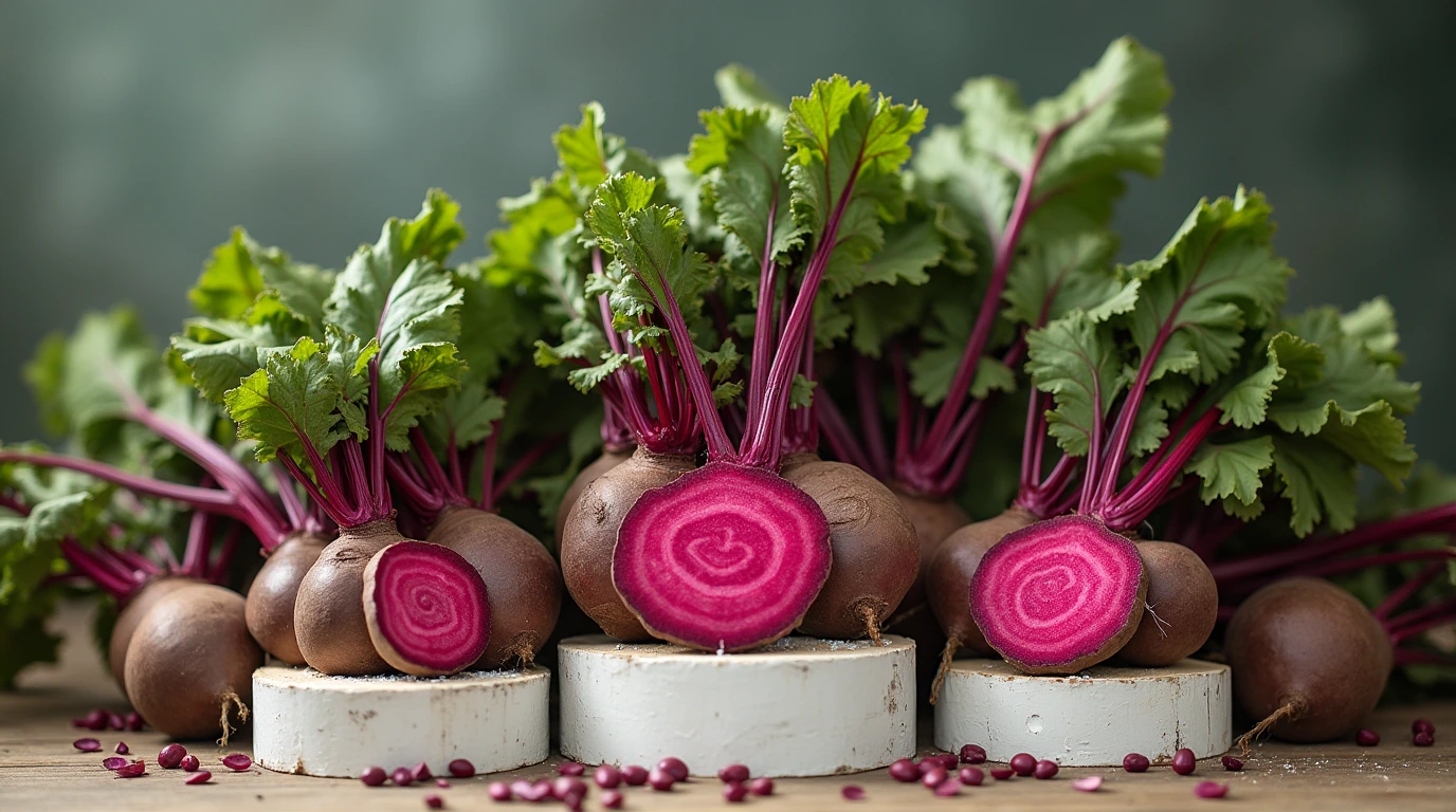 The Beets : Freshly harvested beets with green tops, some sliced to show their vibrant red interior.