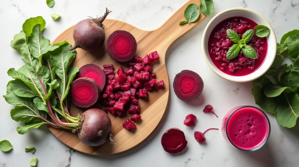 The Beets : Beetroot still life with raw beets, soup, and juice.