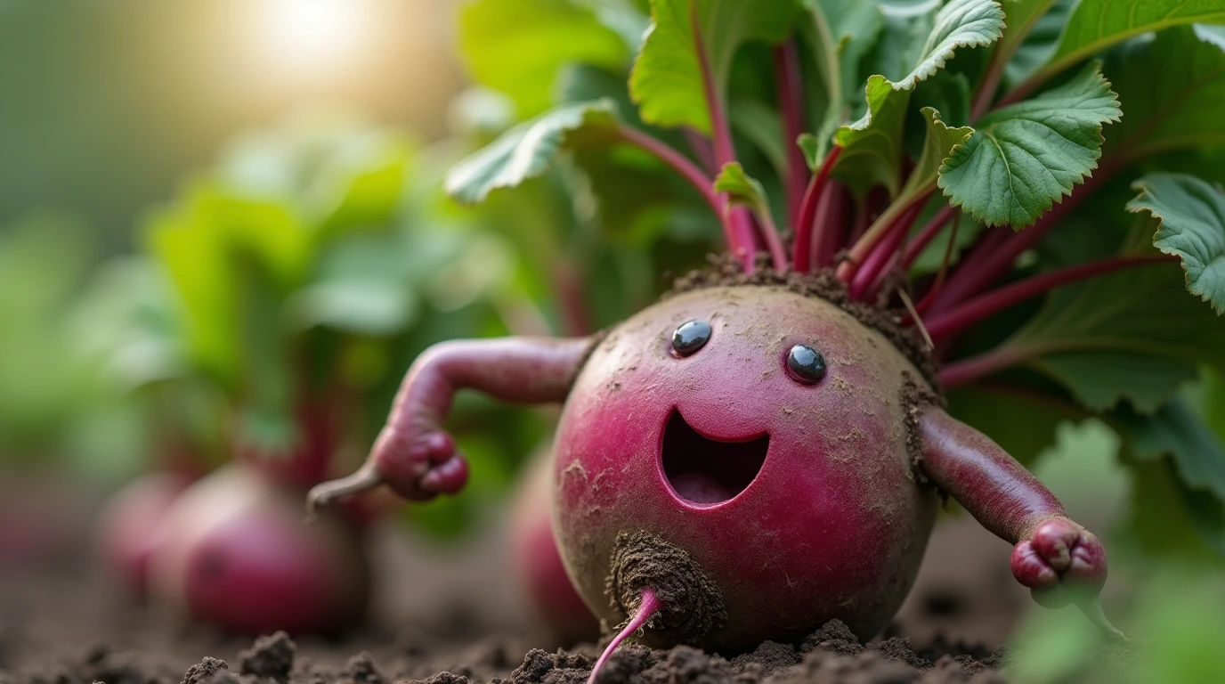 The Beets : Close-up of beetroots growing in the soil with vibrant purple-red roots and green leaves.