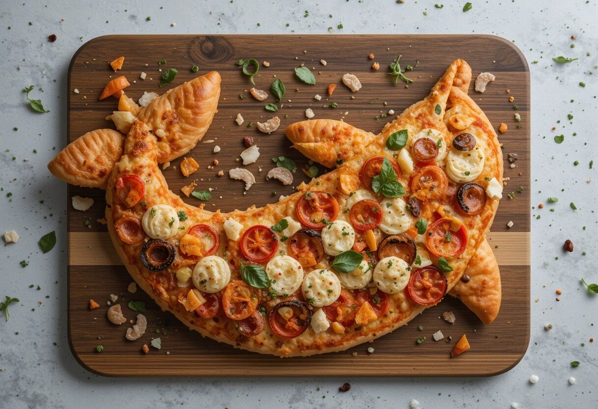 a pizza, shaped like a dolphin on a wooden board.