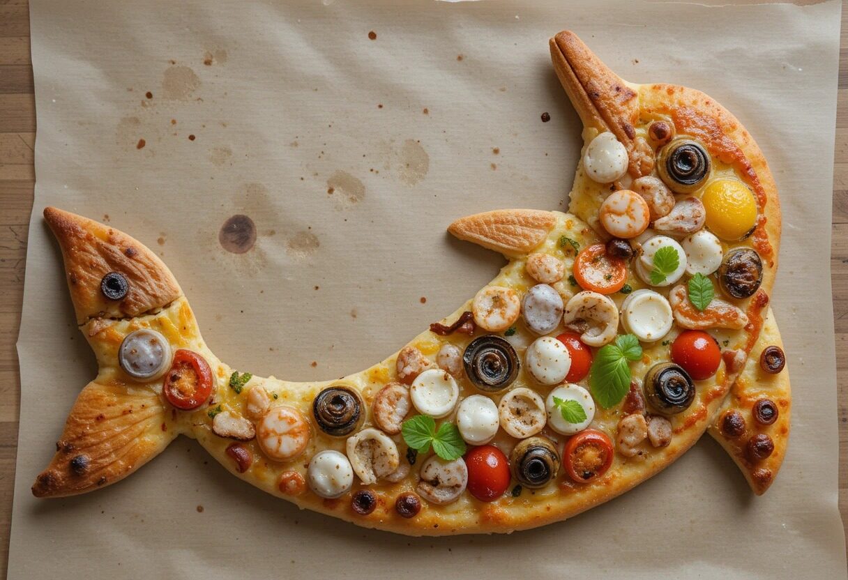 a seafood pizza, in the shape of a dolphin.