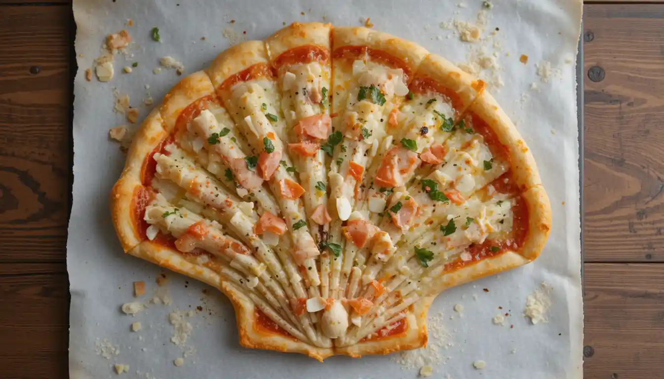 Une pizza avec de la sauce tomate et de la charcuterie, présentée sous forme de coquillage.