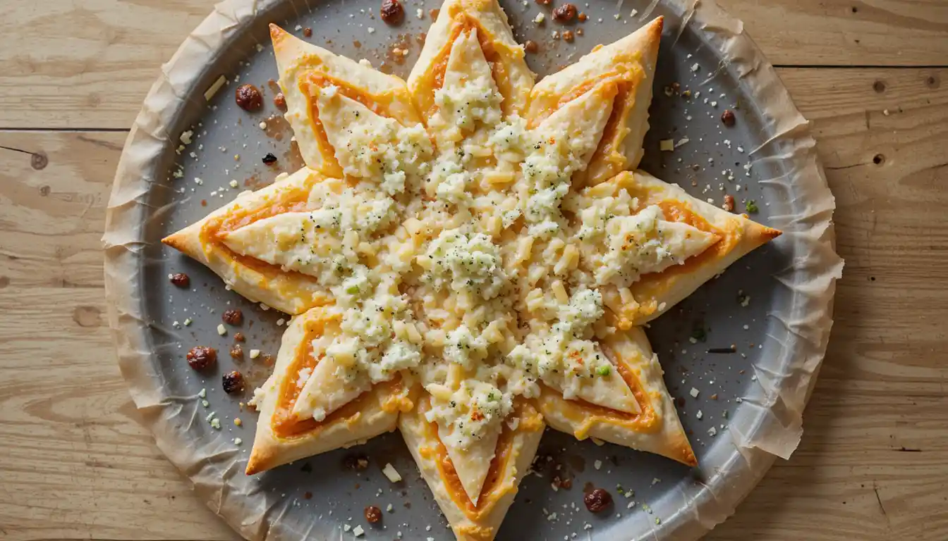 a star-shaped Four Cheese Pizza made with ricotta, mozzarella, parmesan, and gorgonzola.