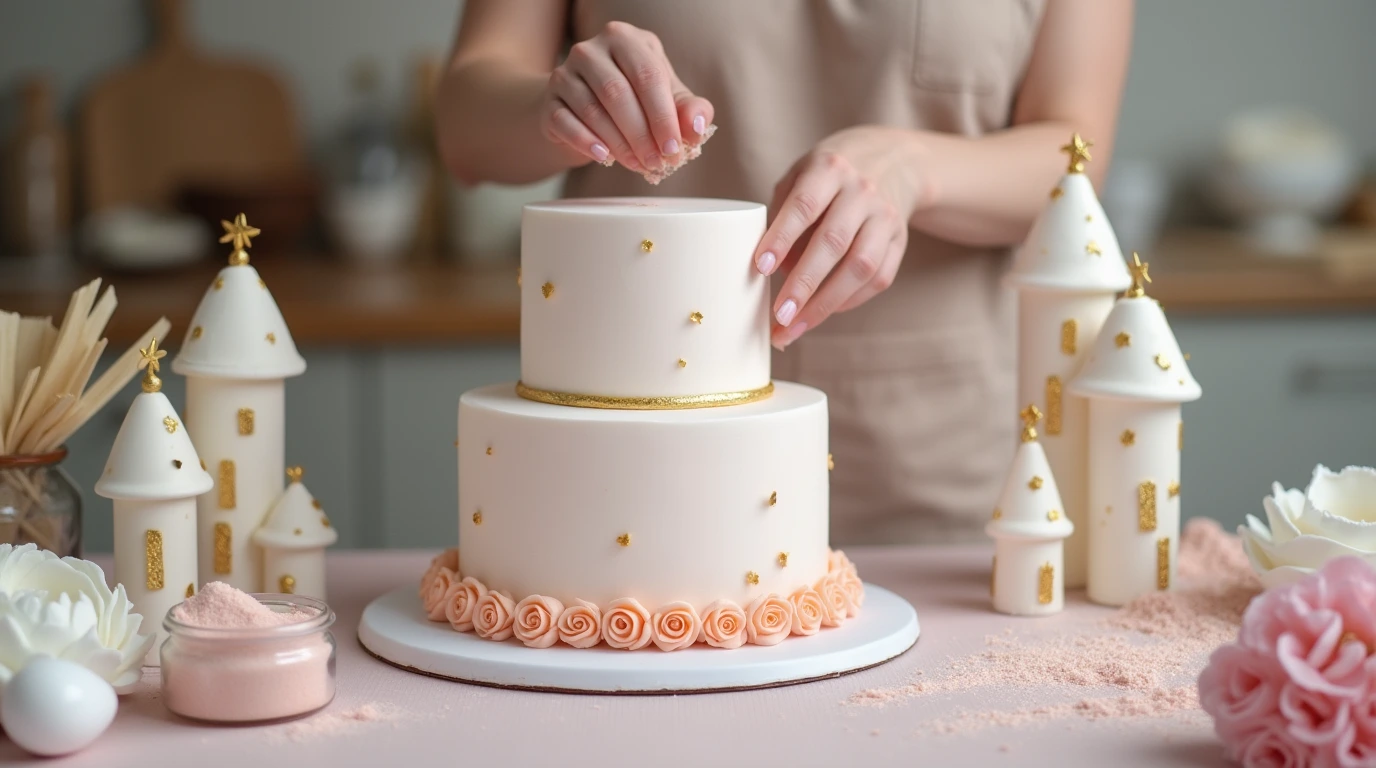 Step by step process of assembling a princess castle cake.