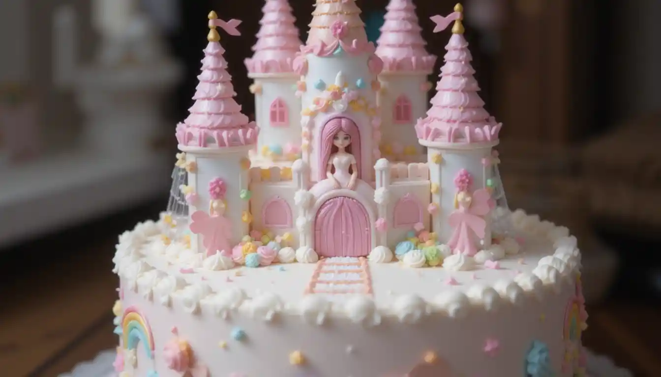 cake with Unicorn Princess Castle: Add pastel colors and rainbow elements.